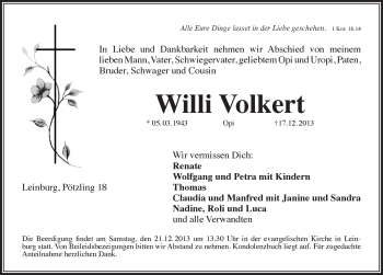 Traueranzeige von Willi Volkert von Pegnitz-Zeitung